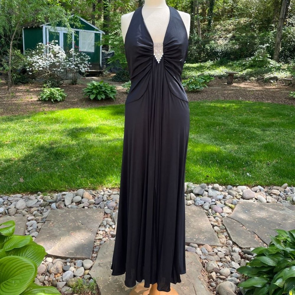 Vintage LILLI DIAMOND Black Halter Evening Maxi Dress RHINESTONE Size 8